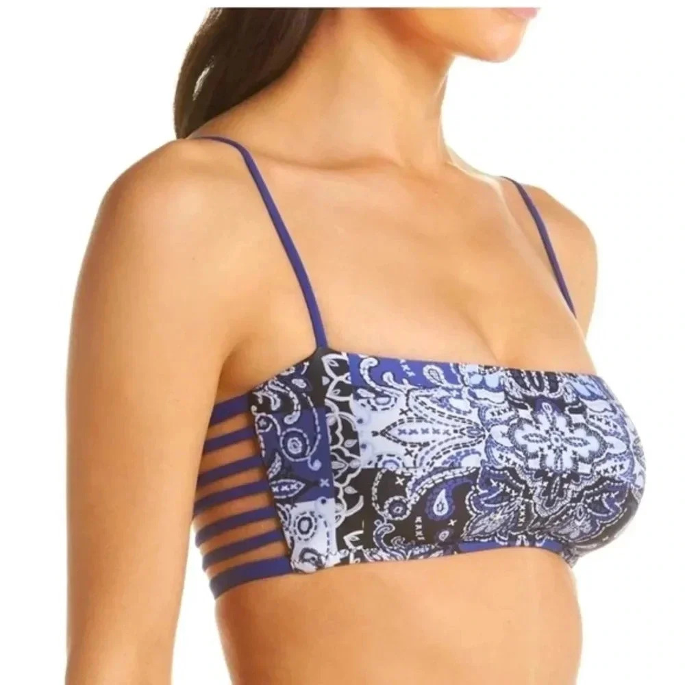 BECCA Swim Virtue Americana Bandeau Bikini Top Blue White NWT Small